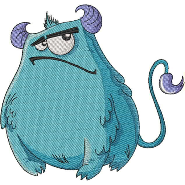 An embroidery design of a quirky, blue monster with purple horns and a disgruntled expression, featuring a round body and a playful curled tail.