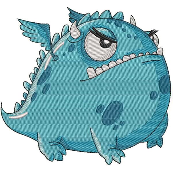 An embroidery design of a whimsical turquoise monster with exaggerated features, including spiky fins, a pouty expression, and small wings.