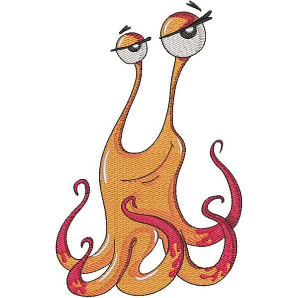 An embroidery design of a whimsical two-headed octopus with expressive eyes and curling tentacles.