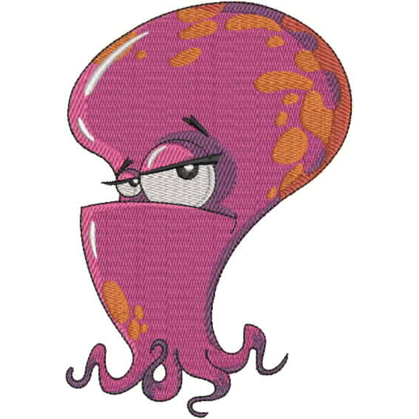 An embroidery design of a playful pink octopus with a cheeky expression and distinctive tentacles.