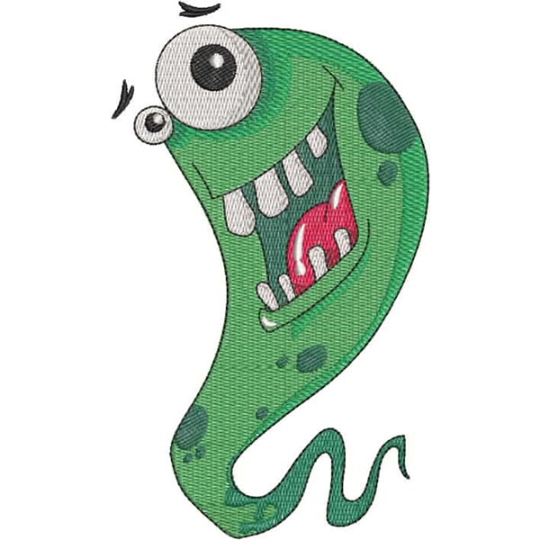 An embroidery design of a playful green ghost with large eyes and a big smile, featuring a wavy tail and speckled details.