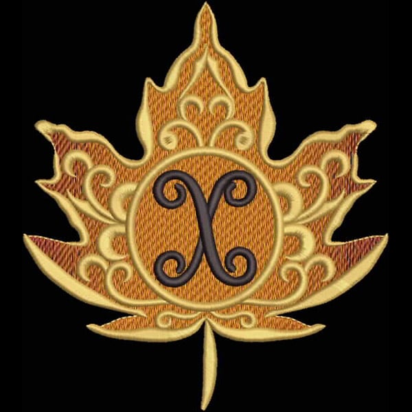 An embroidery design of a stylized autumn leaf featuring ornate detailing and a central monogram in a contrasting color.
