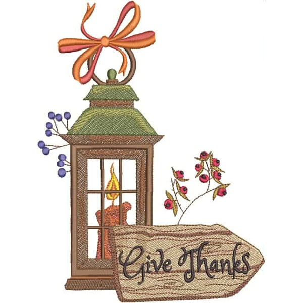 An embroidery design of a lantern with a candle, adorned with a bow, accompanied by a wooden sign that says "Give Thanks."