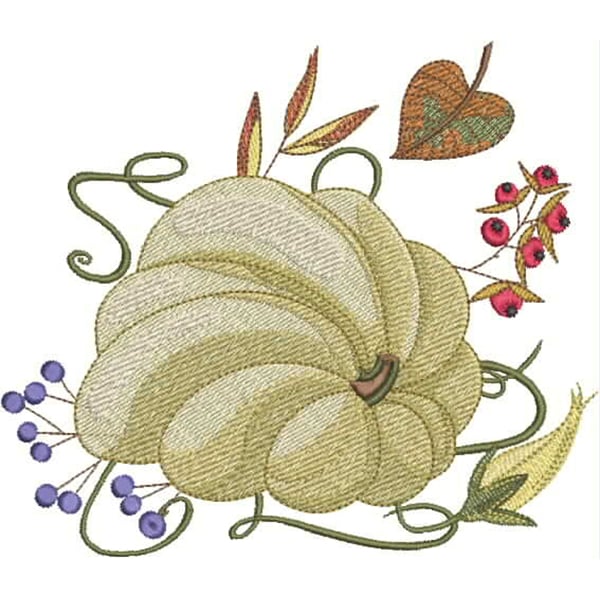 An embroidery design of a pale green pumpkin surrounded by stylized leaves, berries, and tendrils.