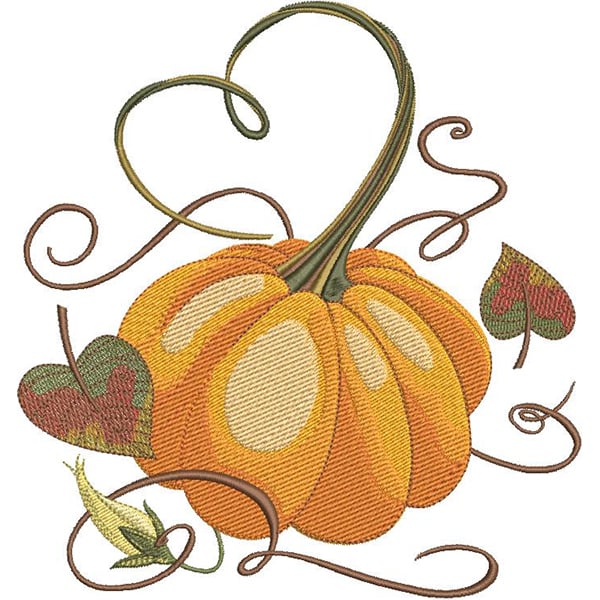 An embroidery design of a vibrant orange pumpkin surrounded by green and red leaves and swirling vines.