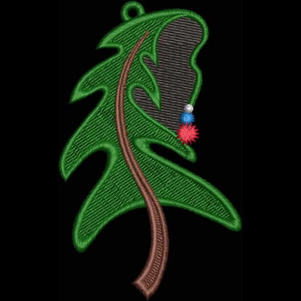 An embroidery design of a stylized green pine tree adorned with a decorative ornament.
