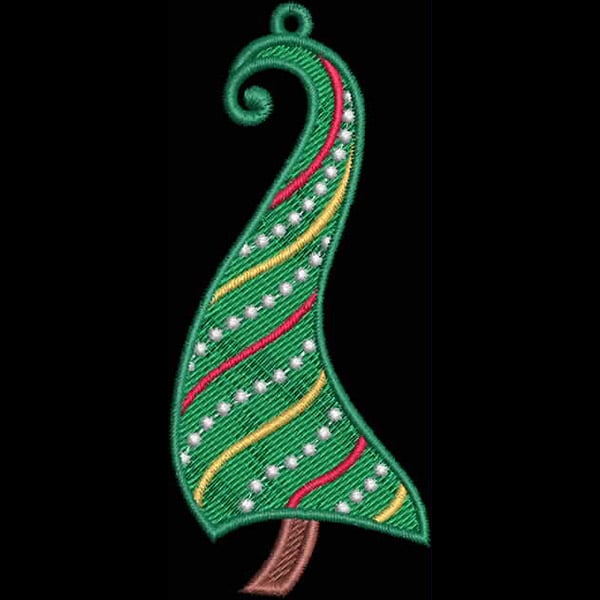 An embroidery design of a whimsical, green, swirled ornament featuring red and yellow stripes along with white beads.