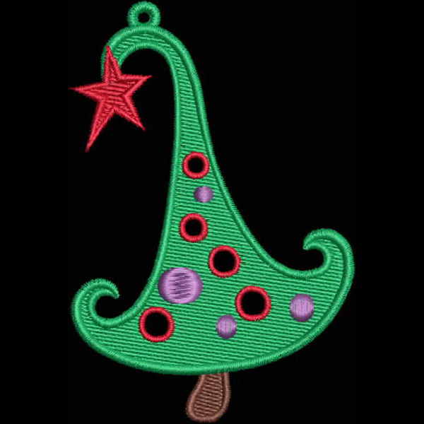 An embroidery design of a whimsical green Christmas tree adorned with colorful ornaments and topped with a red star.