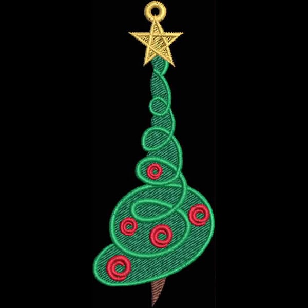 An embroidery design of a whimsical green Christmas tree adorned with red ornaments and topped with a golden star.