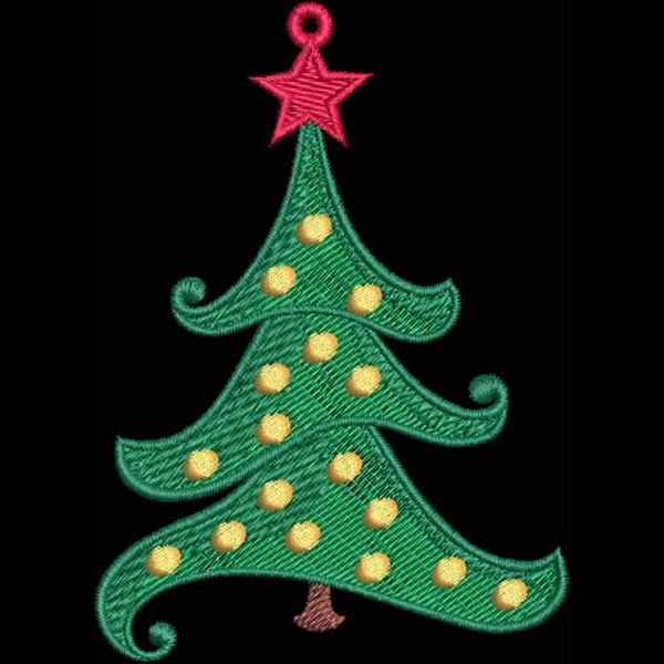 An embroidery design of a festive green Christmas tree adorned with yellow ornaments and topped with a red star.