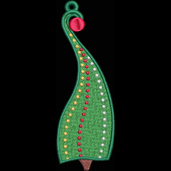 An embroidery design of a green, curvy leaf adorned with colorful beads and a red ornament at the top.