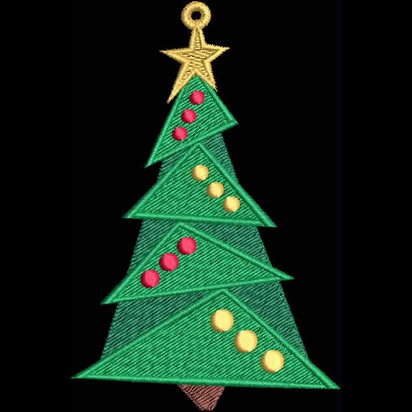 An embroidery design of a festive Christmas tree adorned with colorful ornaments and a golden star on top.