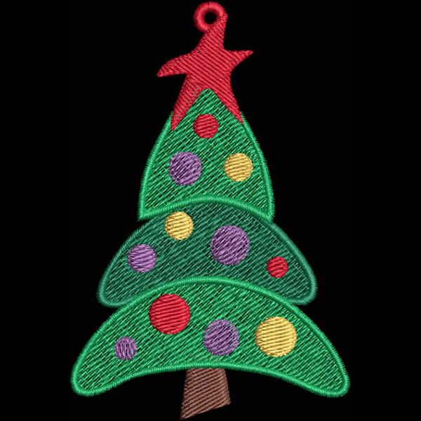 An embroidery design of a colorful Christmas tree featuring a red star on top and decorated with assorted polka dots.