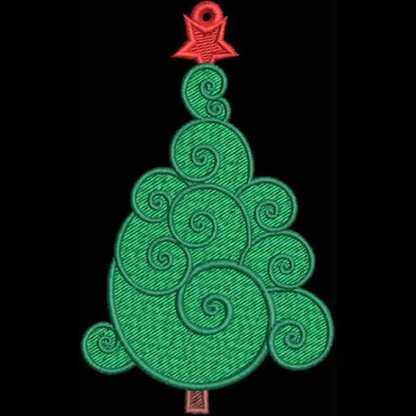 An embroidery design of a stylized green Christmas tree with swirling branches topped by a red star.