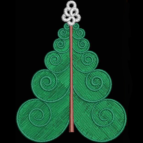 An embroidery design of a stylized green tree featuring swirling branches and a brown trunk, topped with a decorative white element.