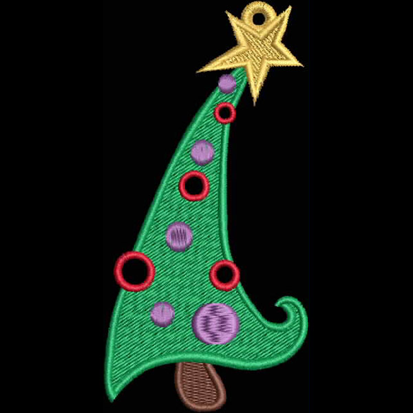 An embroidery design of a whimsical green Christmas tree adorned with colorful ornaments and topped with a golden star.