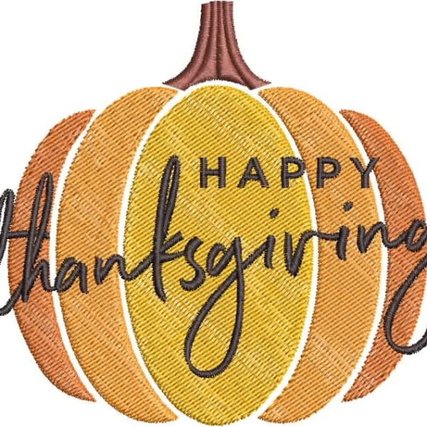 An embroidery design of a pumpkin with the words "Happy Thanksgiving" elegantly stitched across it.