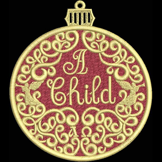 An embroidery design of a circular ornament featuring the words "A Child" elegantly surrounded by ornate swirls and patterns in gold against a rich red background.