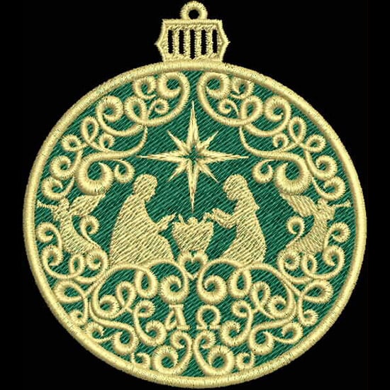 An embroidery design of a circular ornament featuring intricate swirls, with a silhouette of a nativity scene at its center.