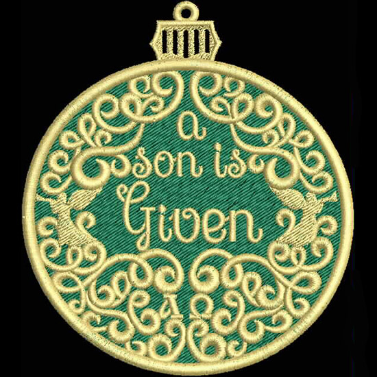 An embroidery design of a circular ornament featuring intricate swirling patterns and the phrase "a son is Given" in decorative lettering.