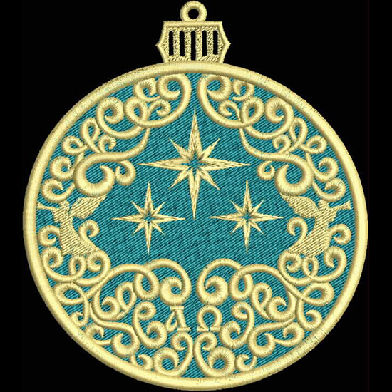 An embroidery design of a circular ornament featuring intricate golden swirls and stars on a turquoise background.