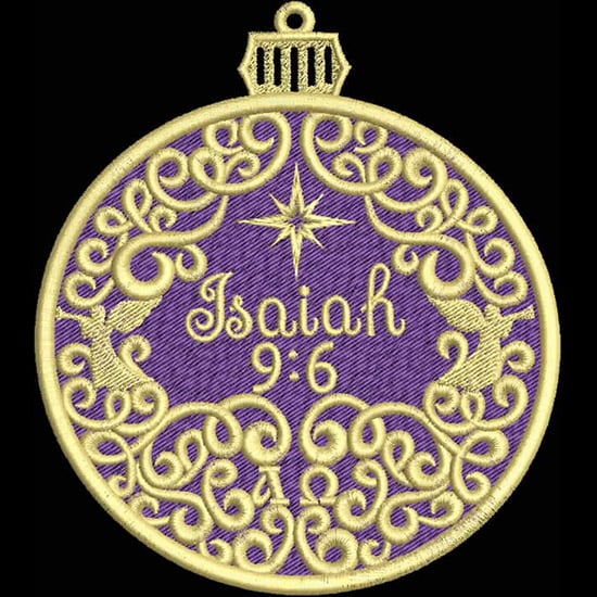 An embroidery design of an ornate circular ornament featuring the text "Isaiah 9:6" surrounded by intricate swirls and a central star on a purple background.