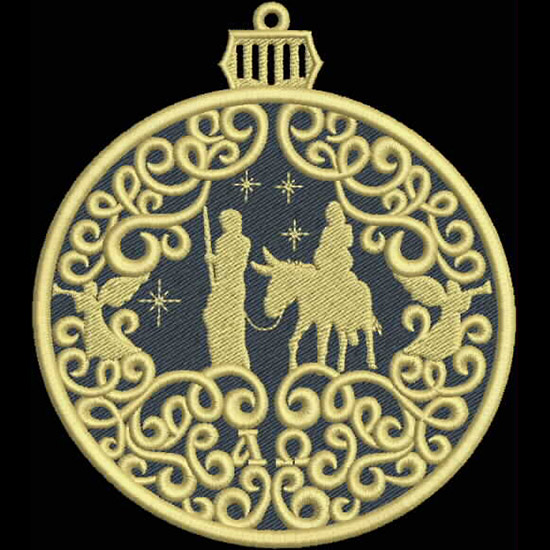 An embroidery design of intricate swirling patterns enclosing silhouetted figures, including a woman with a staff and a figure on a donkey, framed by elegant embellishments.