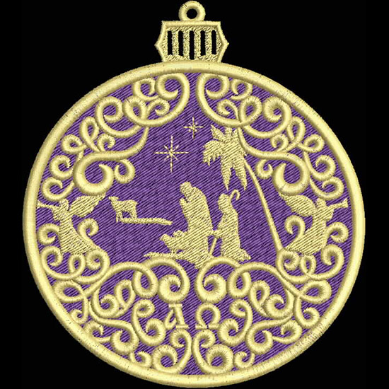 An embroidery design of a nativity scene enclosed in intricate golden swirls on a purple background.