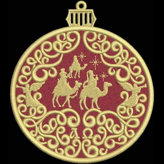 An embroidery design of a festive ornament featuring intricately styled camels and figures set against a decorative background.