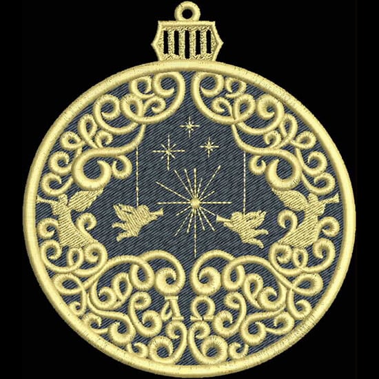 An embroidery design of an ornate circular ornament featuring intricate swirling patterns, two birds, and a central star motif.