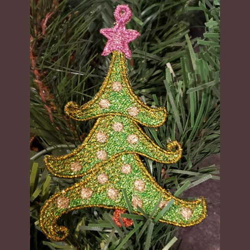 An embroidery design of a vibrant green Christmas tree adorned with golden dots and topped with a pink star.