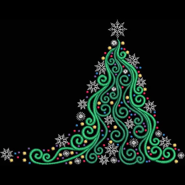 An embroidery design of a whimsical Christmas tree adorned with colorful ornaments and snowflakes, featuring intricate swirling patterns.