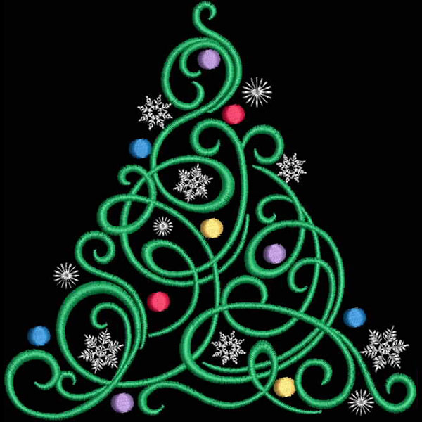 An embroidery design of a whimsical Christmas tree made of intricate green swirls, decorated with colorful ornaments and snowflakes.