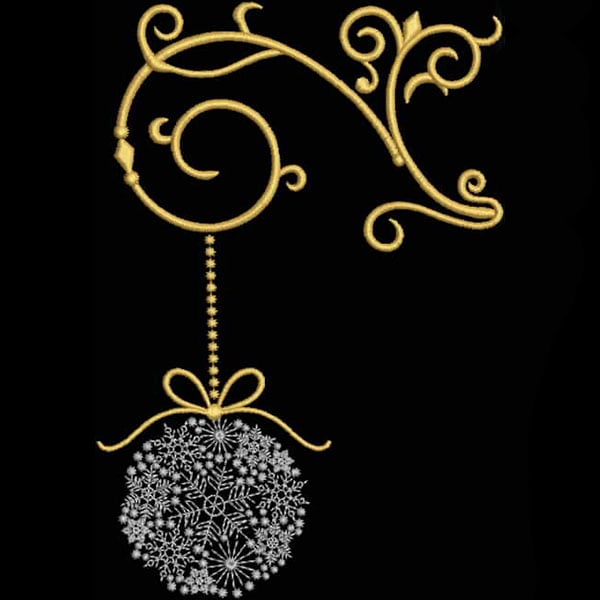 An embroidery design of an ornate golden flourish hanging from which a delicate, snowflake-patterned ball is suspended with a bow beneath it.