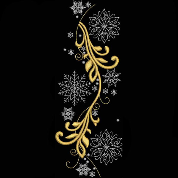 An embroidery design of elegant swirls in golden thread accompanied by intricate snowflake patterns in white.
