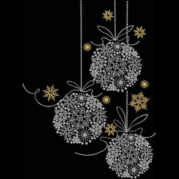 An embroidery design of three intricately decorated hanging ornaments embellished with floral patterns and adorned with small snowflakes and stars.