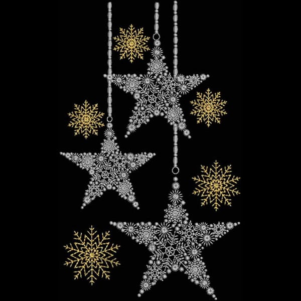 An embroidery design of intricately detailed stars and snowflakes, featuring silver and gold elements.