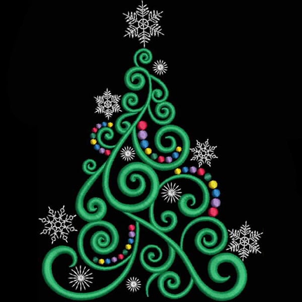 An embroidery design of a stylized Christmas tree adorned with colorful ornaments and white snowflakes.