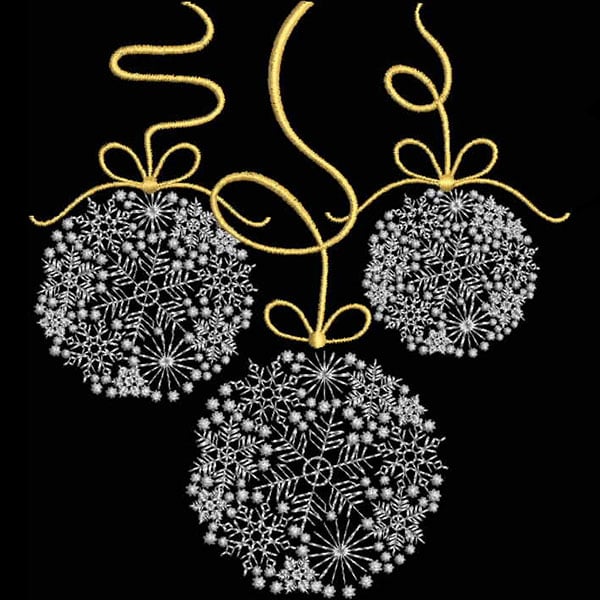 An embroidery design of three intricately stitched holiday ornaments adorned with snowflake patterns and tied with elegant golden bows.