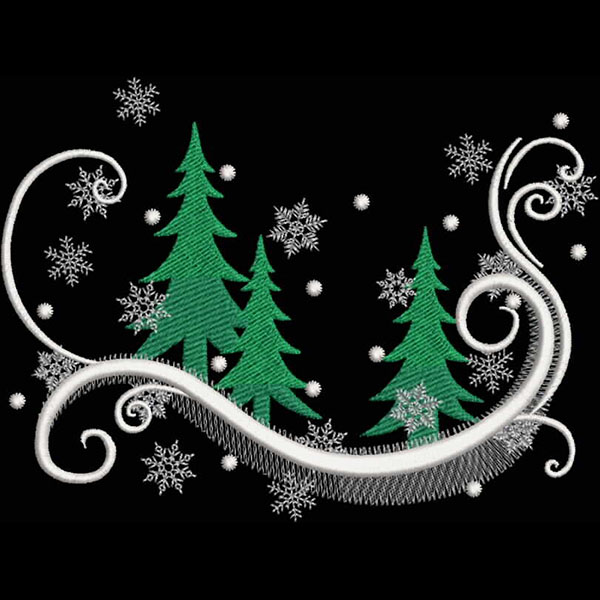 An embroidery design of green evergreen trees adorned with shimmering white snowflakes and decorative swirling elements.