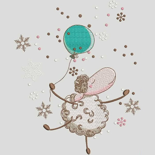 An embroidery design of a cheerful sheep holding a turquoise balloon, surrounded by subtle snowflakes and decorative elements.