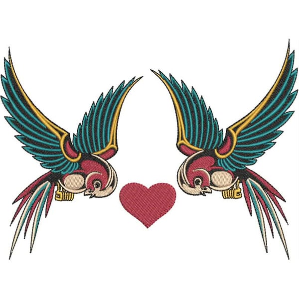 An embroidery design of two colorful, stylized birds with outstretched wings framing a heart shape at the center.
