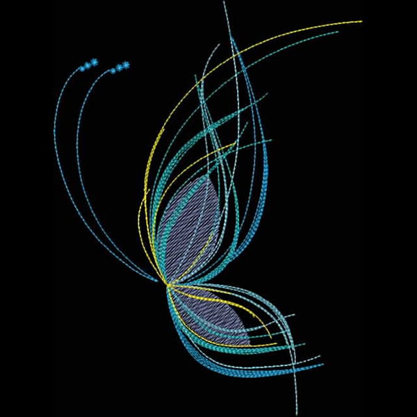 An embroidery design of an elegant butterfly depicted with flowing lines and shades of blue and yellow.