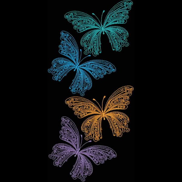 An embroidery design of four intricately detailed butterflies in shades of blue, orange, and purple, showcasing delicate patterns on their wings.