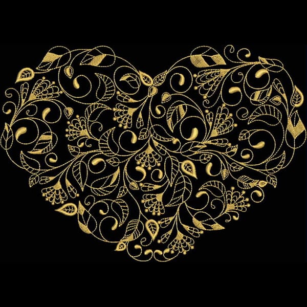 An embroidery design of an ornate heart shape filled with intricate floral and vine patterns in gold thread.