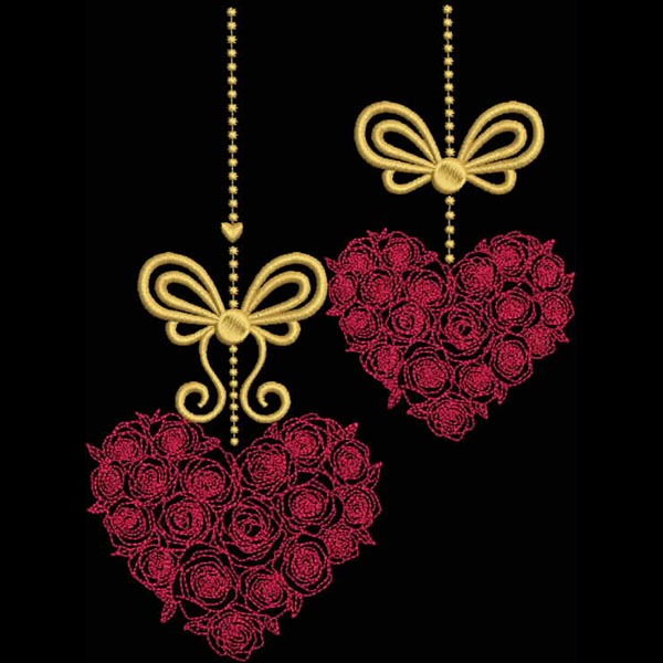 An embroidery design of two ornate hearts filled with roses, suspended by decorative golden bows and strings.