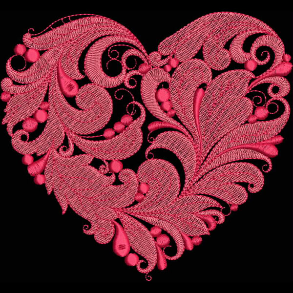An embroidery design of an ornate heart shape adorned with intricate swirls and floral elements in a vibrant pink color.