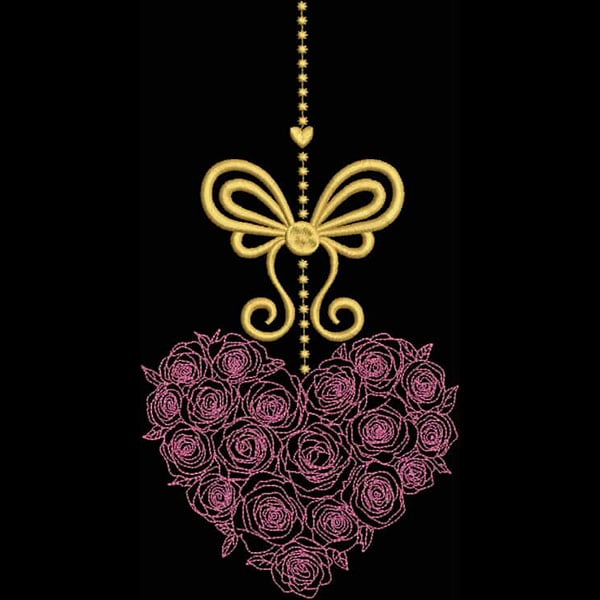 An embroidery design of a heart composed of pink roses adorned with a golden bow at the top.
