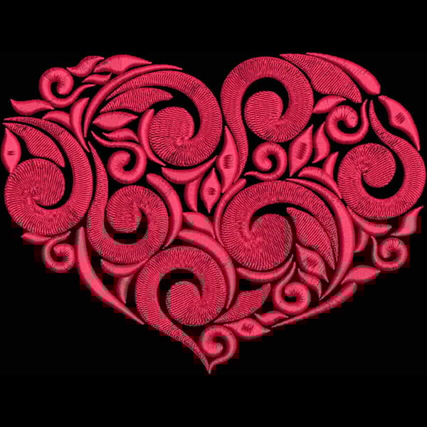 An embroidery design of an intricate heart shape filled with detailed swirls and floral motifs in vibrant red tones.