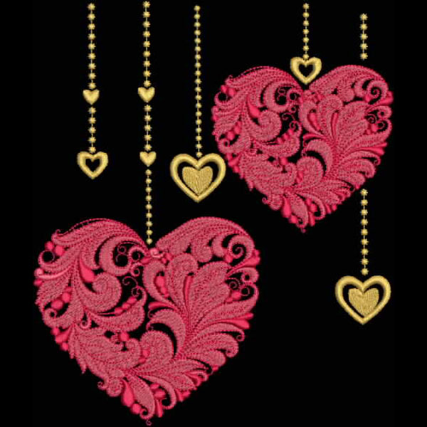 An embroidery design of beautifully ornate pink hearts adorned with delicate golden hanging elements and smaller hearts.